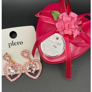 Heart Dangle Earrings Pink Crystal Gold Tone Romantic Jewelry